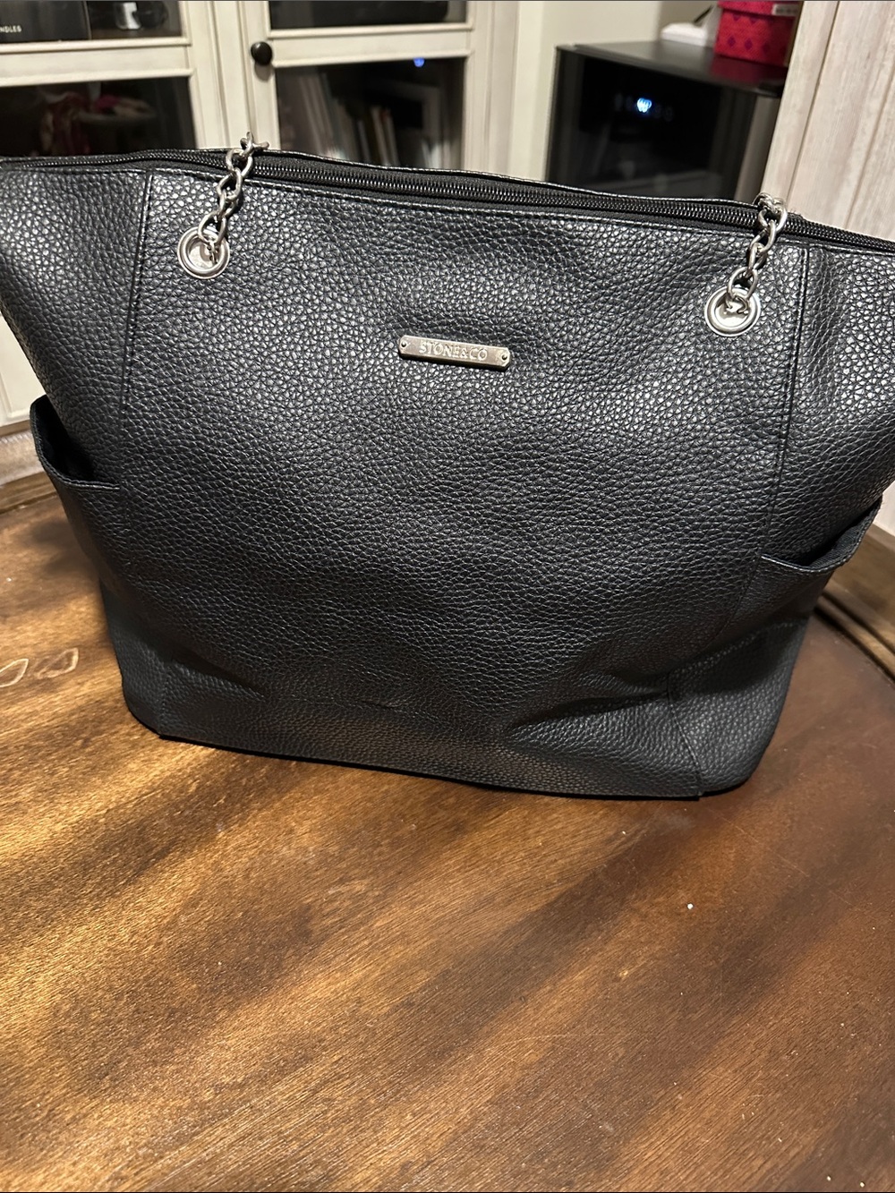 Stone & Co. Black Pebbled Tote with Silver Chain Handles